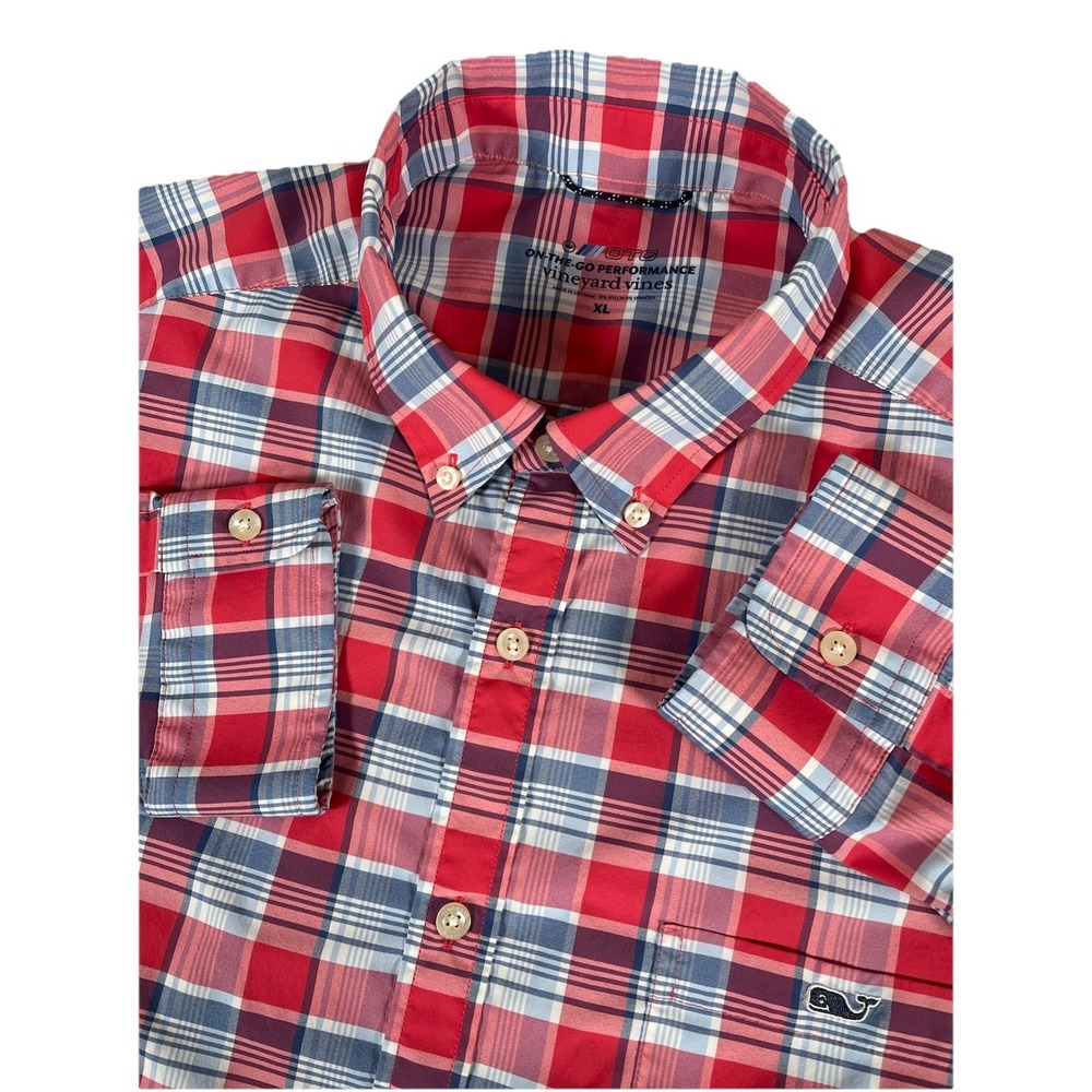 Vineyard Vines On The Go Performance Red Blue Plaid‎ Long Sleeve Shirt Men's XL